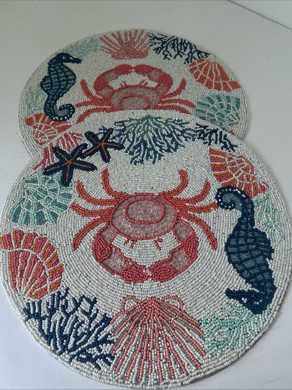 2 Tahari Glass Beaded Placemat Chargers 15 in Crab Seahorse Shells Coastal NEW